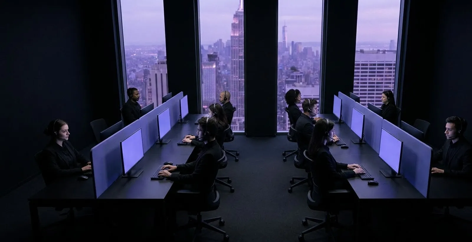 A modern inbound call center at dusk, agents with headsets seen from behind